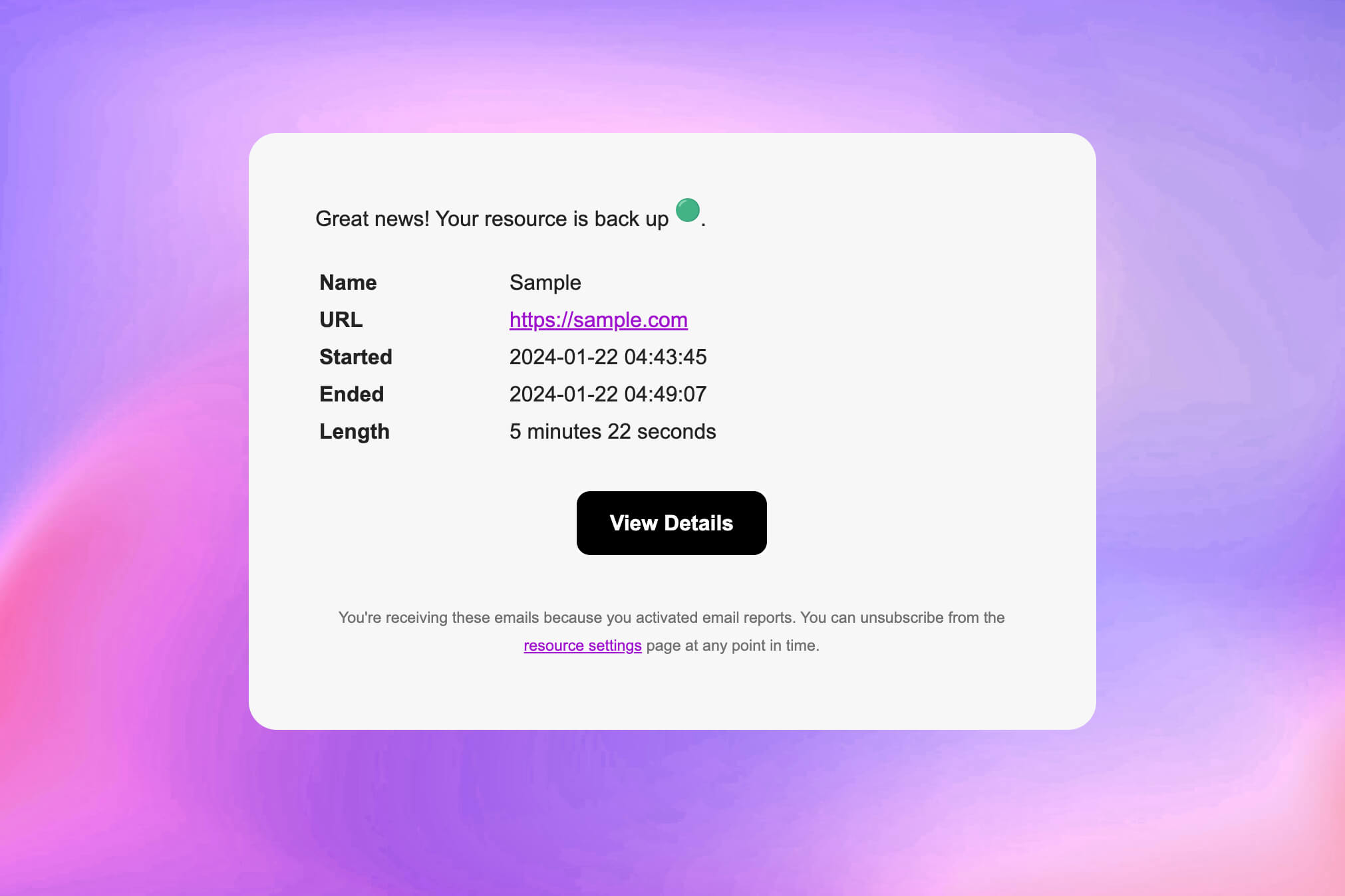 Screenshot der E-Mail-Benachrichtigungsfunktion der App