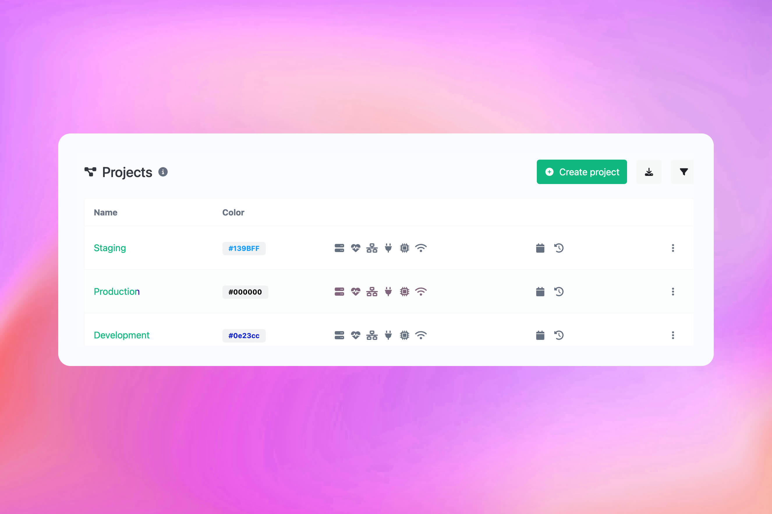 Screenshot der Funktionsseite der App-Projekte